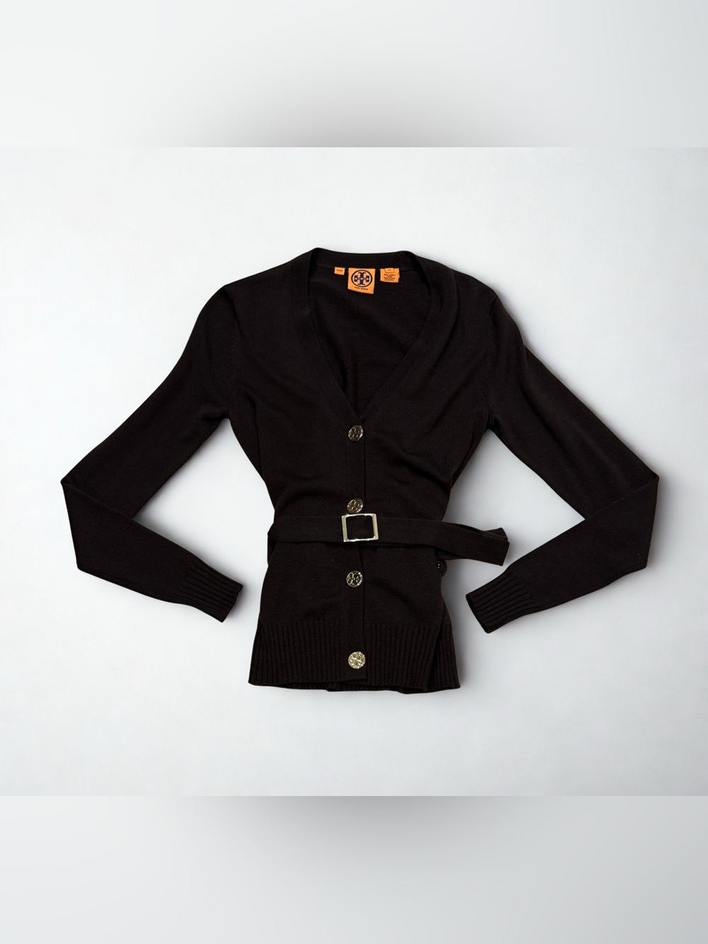 Tory Burch Brown Wool Belted V-Neck Knit Cardigan, Size XS